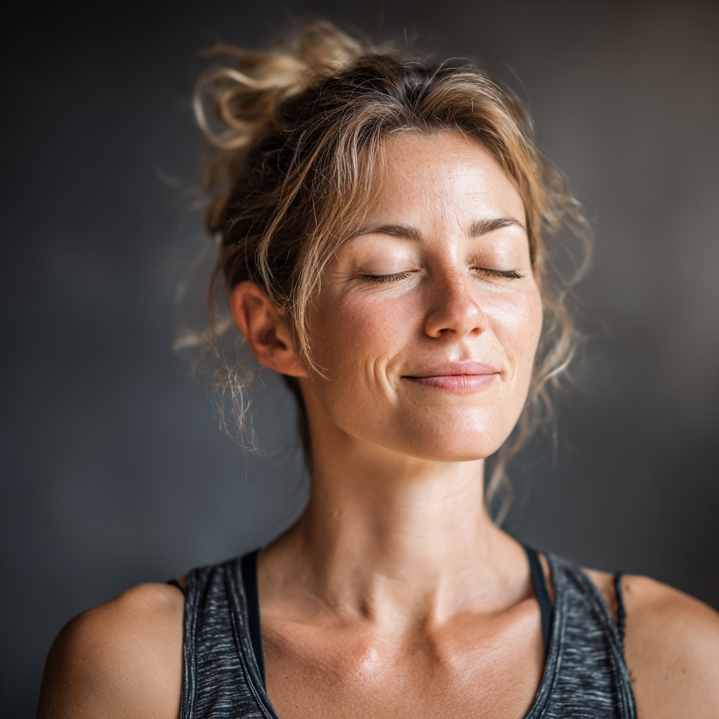 Молода європейська жінка віком 25-30 років з усмішкою практикує йогу в позі лотоса на природі, реалістичний стиль