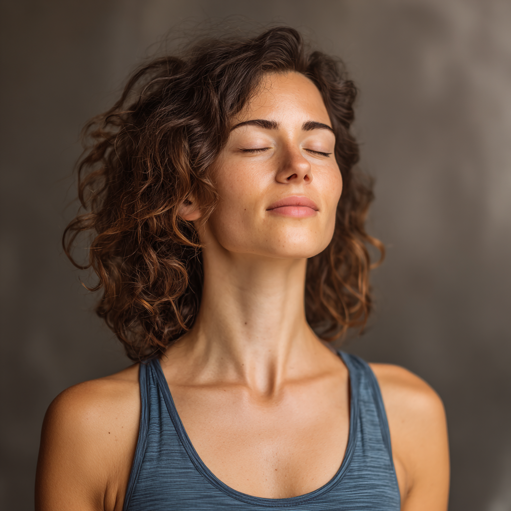 Група людей європейської зовнішності віком 30-45 років усміхаються під час групового заняття йогою в студії, реалістичний стиль