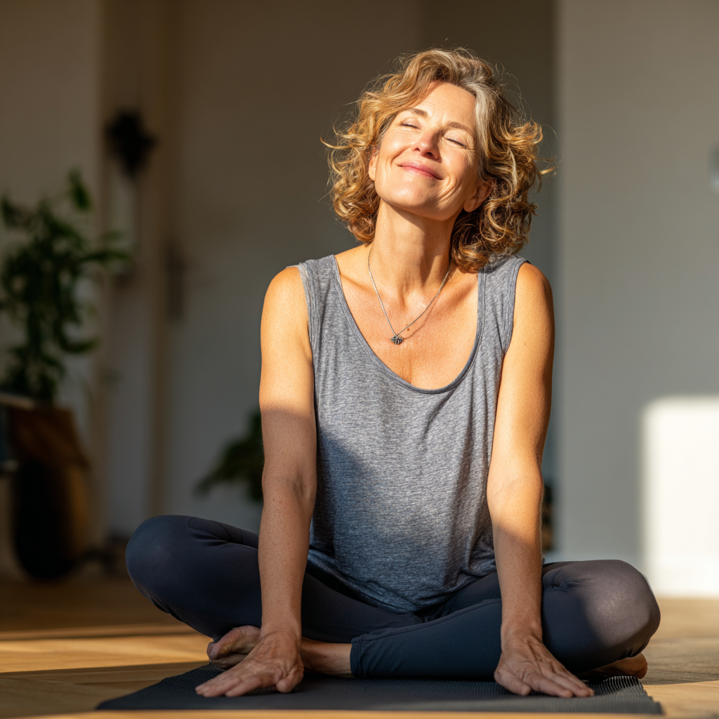 Інструктор європейської зовнішності віком 35-40 років з усмішкою демонструє йогу позу в сучасній студії, реалістичний стиль