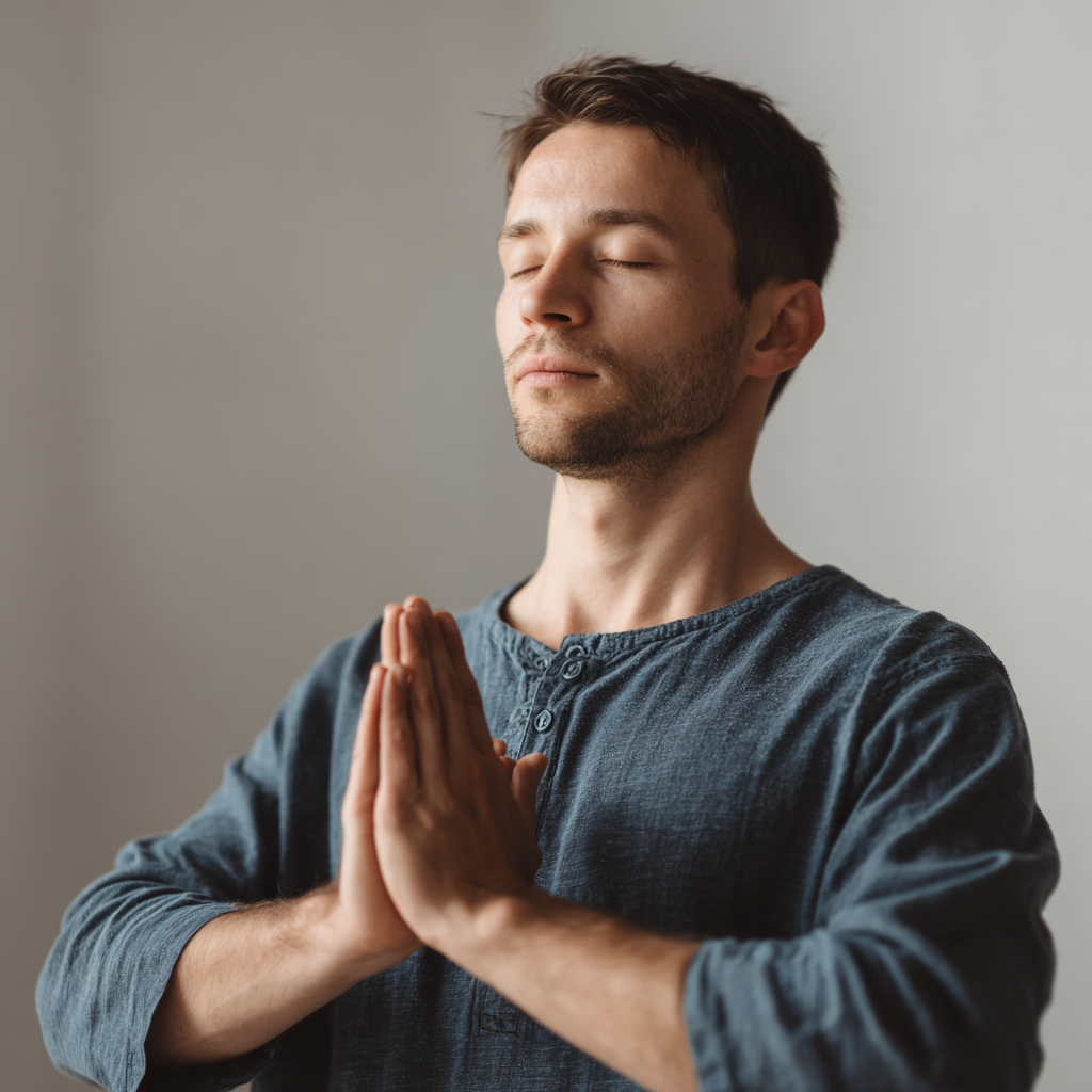 Чоловік європейської зовнішності віком 40-45 років з усмішкою виконує дихальні вправи йоги в медитативній позі, реалістичний стиль